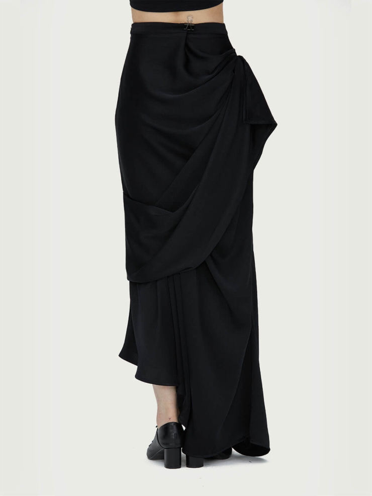 Black Asymmetric Draped Midi Skirt