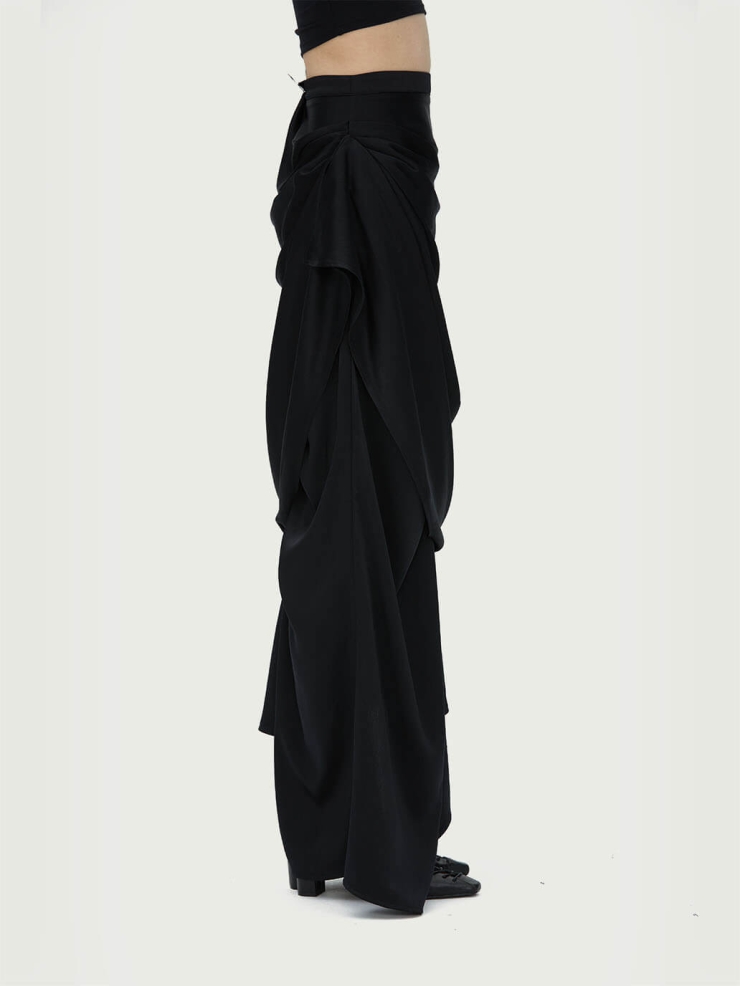 Black Asymmetric Draped Midi Skirt
