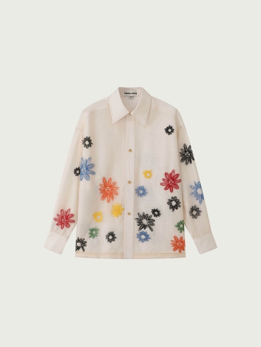 White Floral Embroidered Double-Layer Shirt