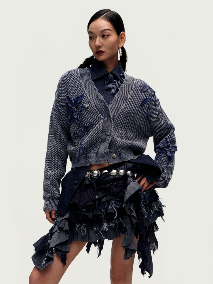 Washed Denim Crochet Short Cardigan