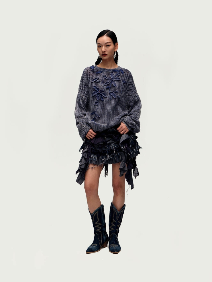 Washed Denim Crochet Knit Sweater