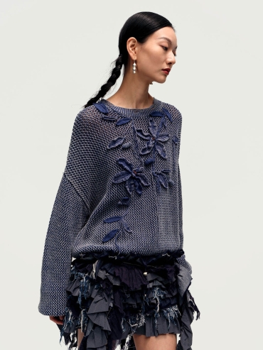 Washed Denim Crochet Knit Sweater