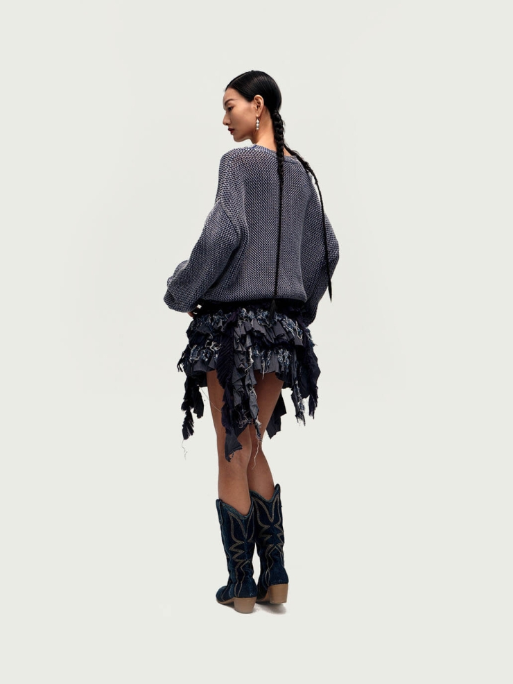 Washed Denim Crochet Knit Sweater