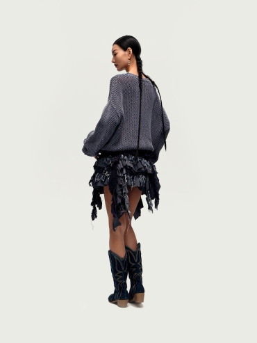 Washed Denim Crochet Knit Sweater