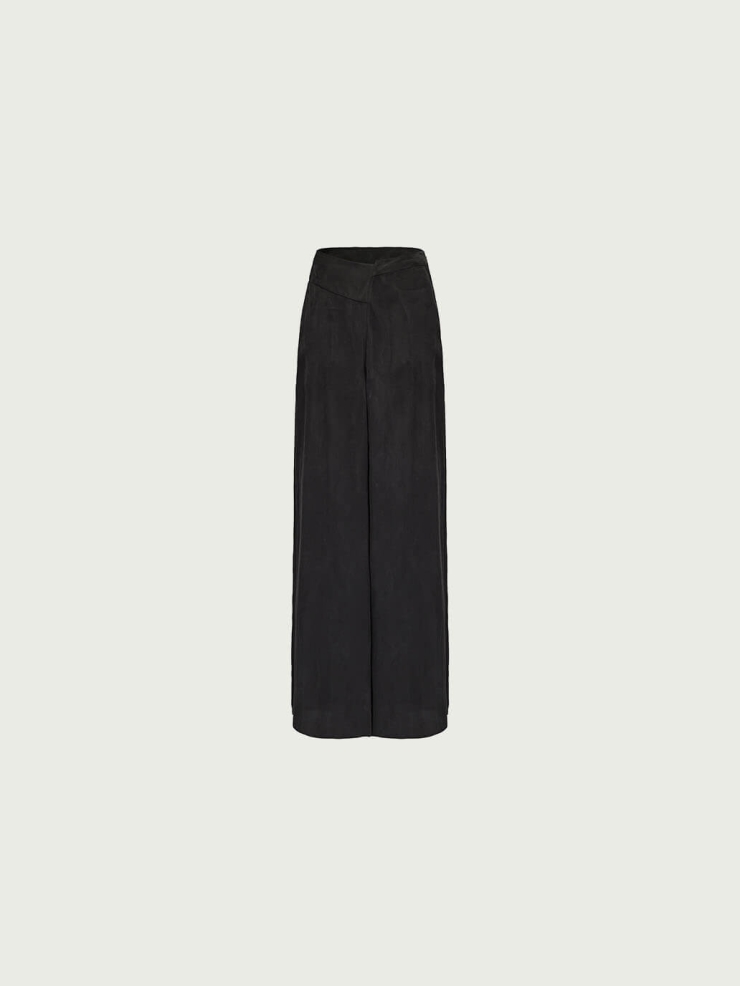 Black Asymmetric Waist Wide-Leg Pants
