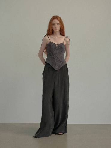 Black Asymmetric Waist Wide-Leg Pants