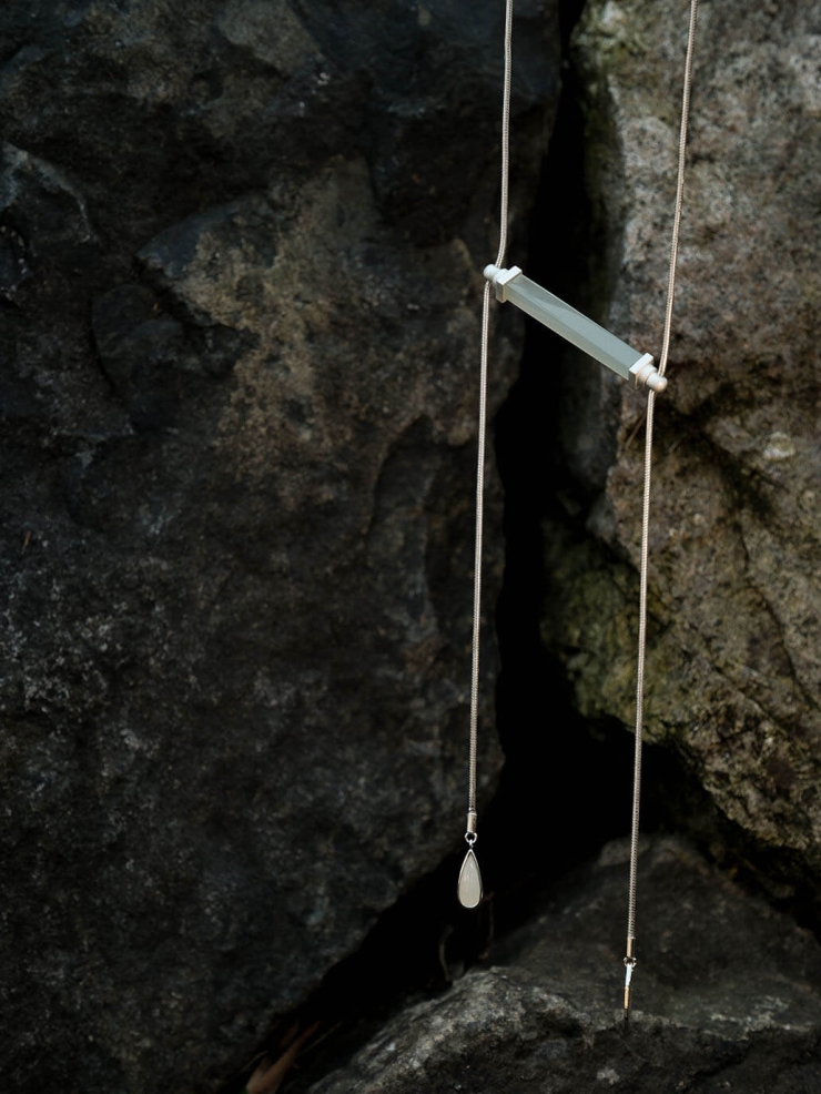 Silver Green & White Jade Square & Circle Toggle Necklace