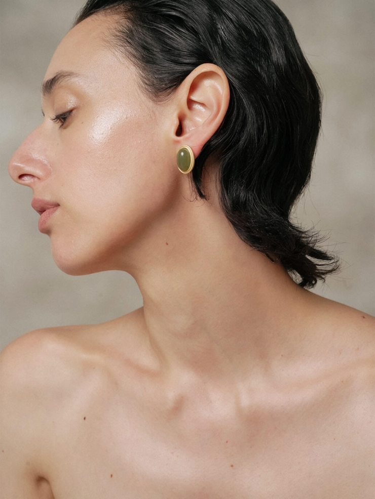 Gold Green Jade Stud Earrings-Large