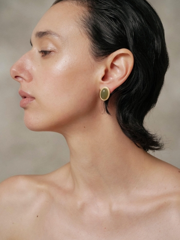 Gold Green Jade Stud Earrings-Large