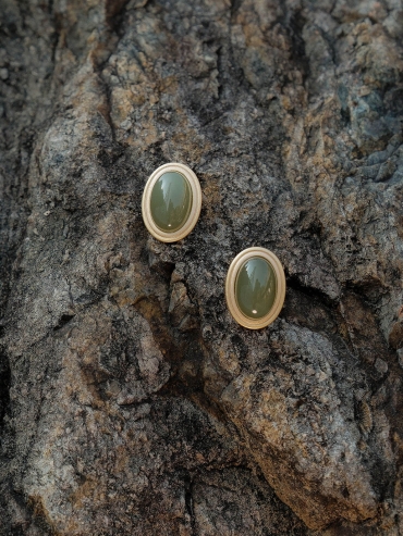 Gold Green Jade Stud Earrings-Large