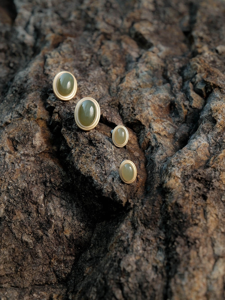 Gold Green Jade Stud Earrings-Large