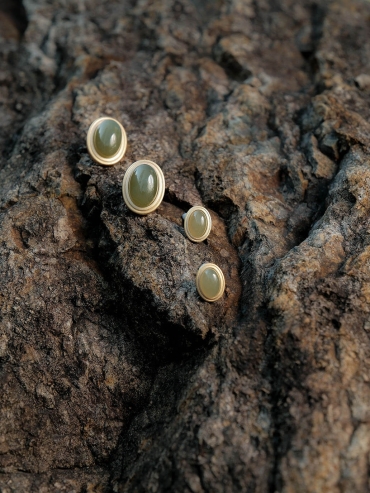 Gold Green Jade Stud Earrings-Large