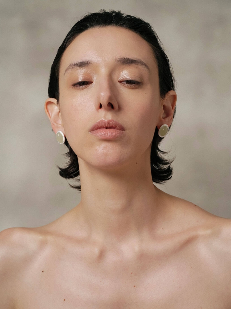 Silver Green & White Jade Stud Earrings-Large