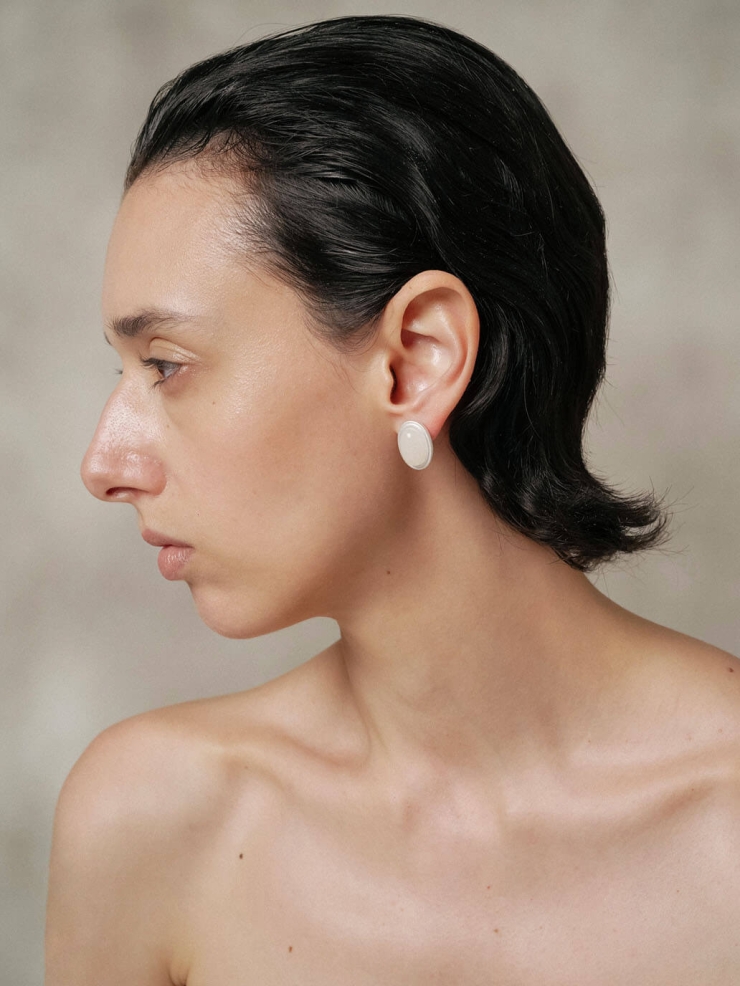 Silver White Jade Stud Earrings-Large