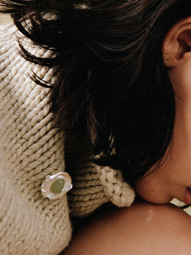 Silver Green & White Jade Brooch