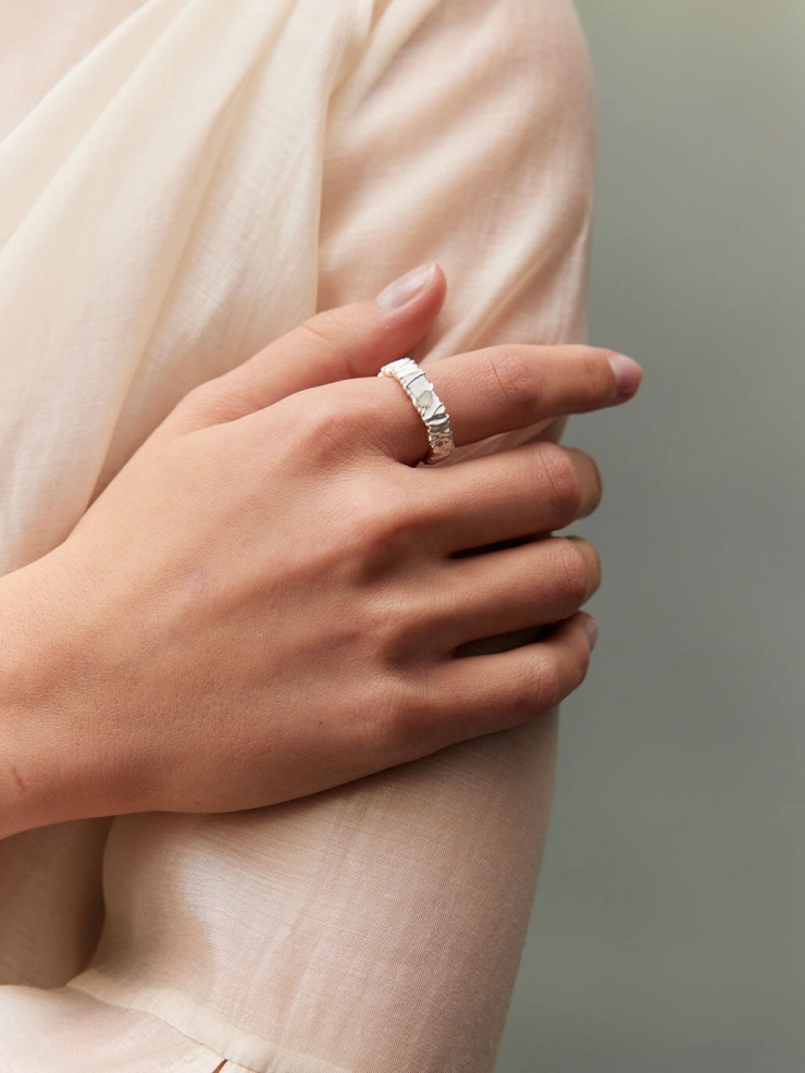 Silver Green & White Jade Impression Ring