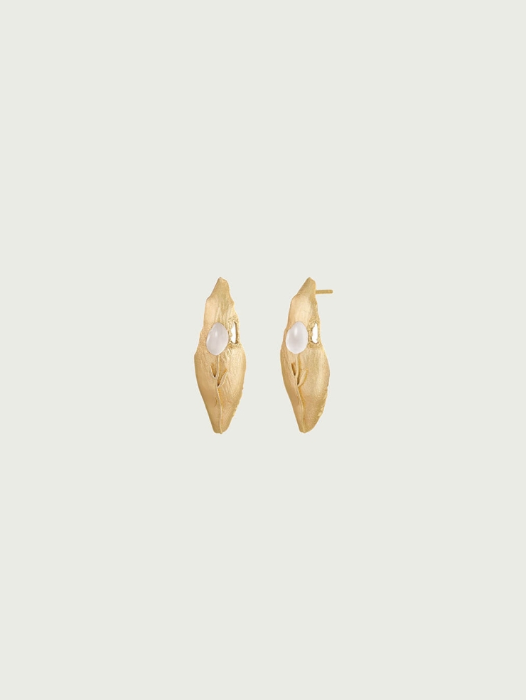 Gold White Jade Impression Stud Earrings