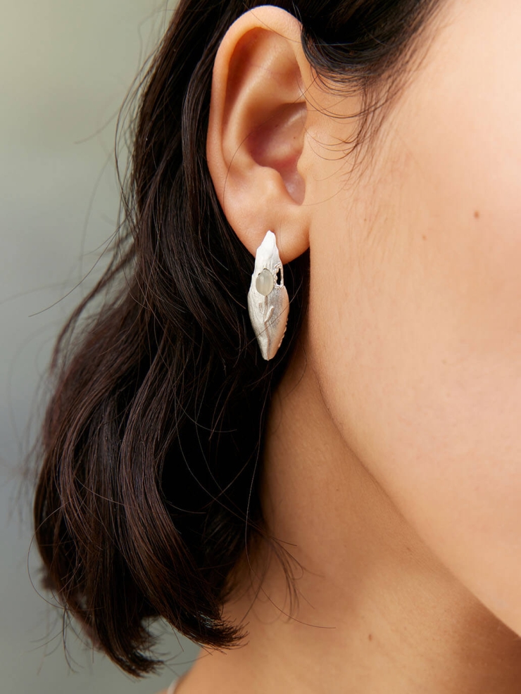 Silver Green & White Jade Impression Stud Earrings