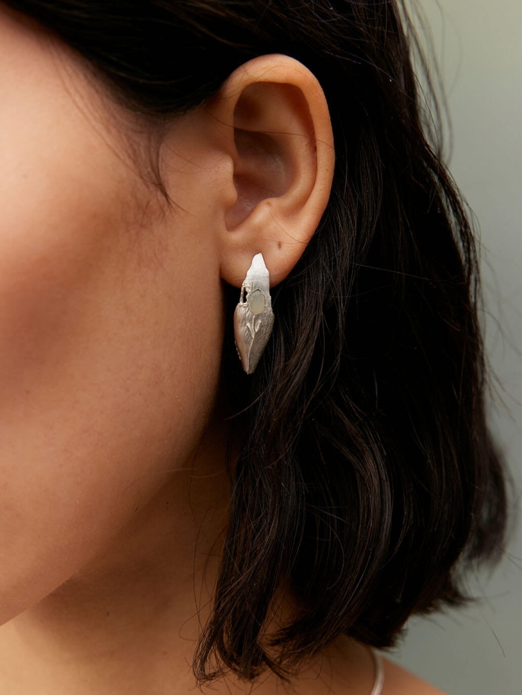 Silver Green & White Jade Impression Stud Earrings