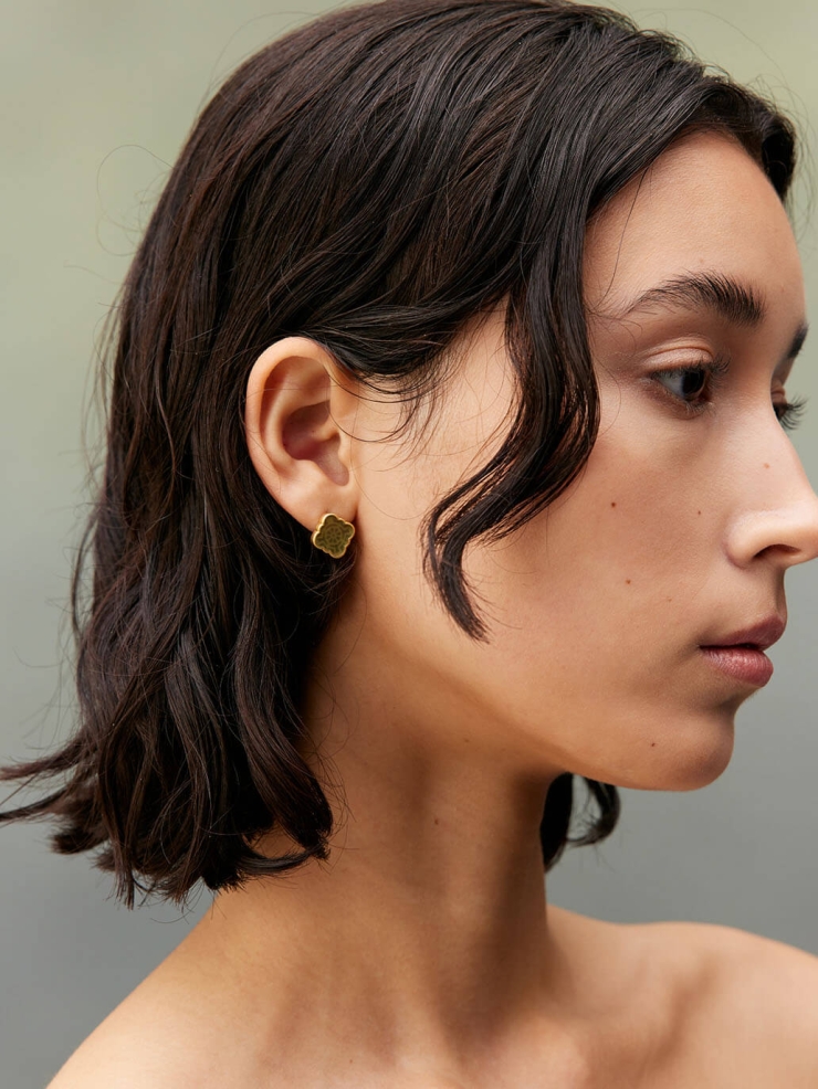 Gold Green Jade Persimmon Calyx Stud Earrings-Small