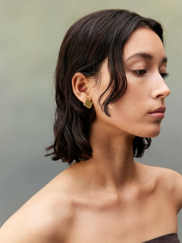 Gold Green Jade Persimmon Calyx Stud Earrings-Large