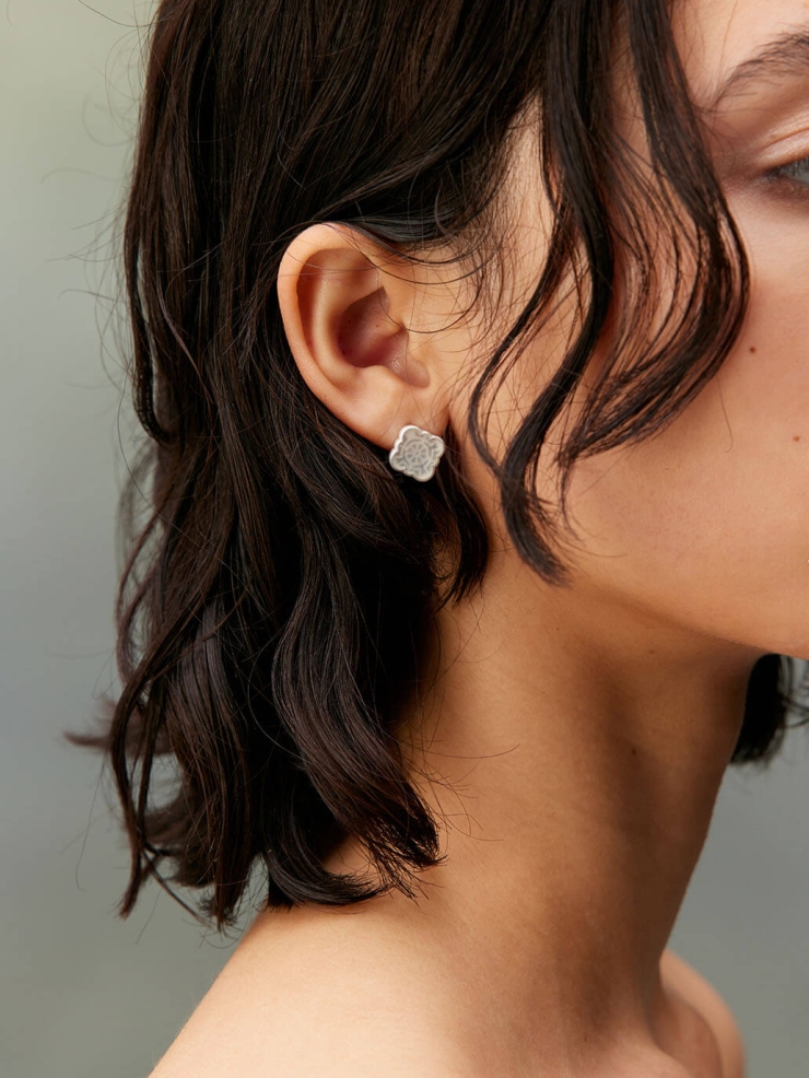 Silver White Jade Persimmon Calyx Stud Earrings-Small