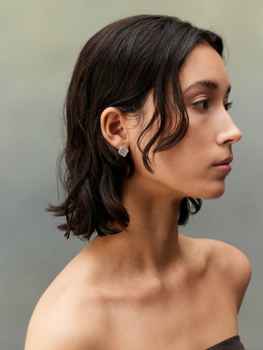 Silver White Jade Persimmon Calyx Stud Earrings-Small