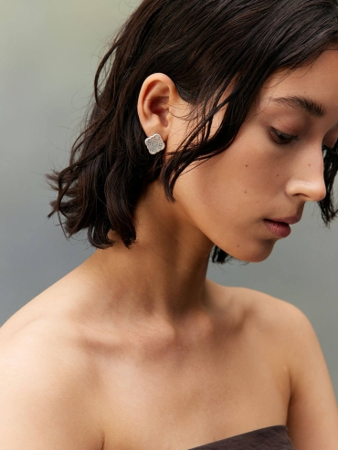 Silver White Jade Persimmon Calyx Stud Earrings-Large