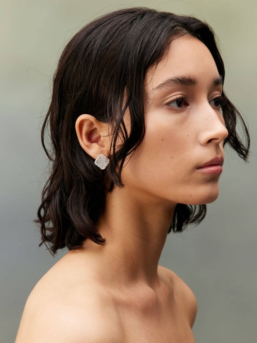 Silver White Jade Persimmon Calyx Stud Earrings-Large