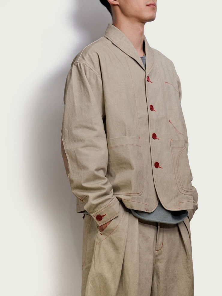 Beige-Grey Notched Lapel Utility Jacket
