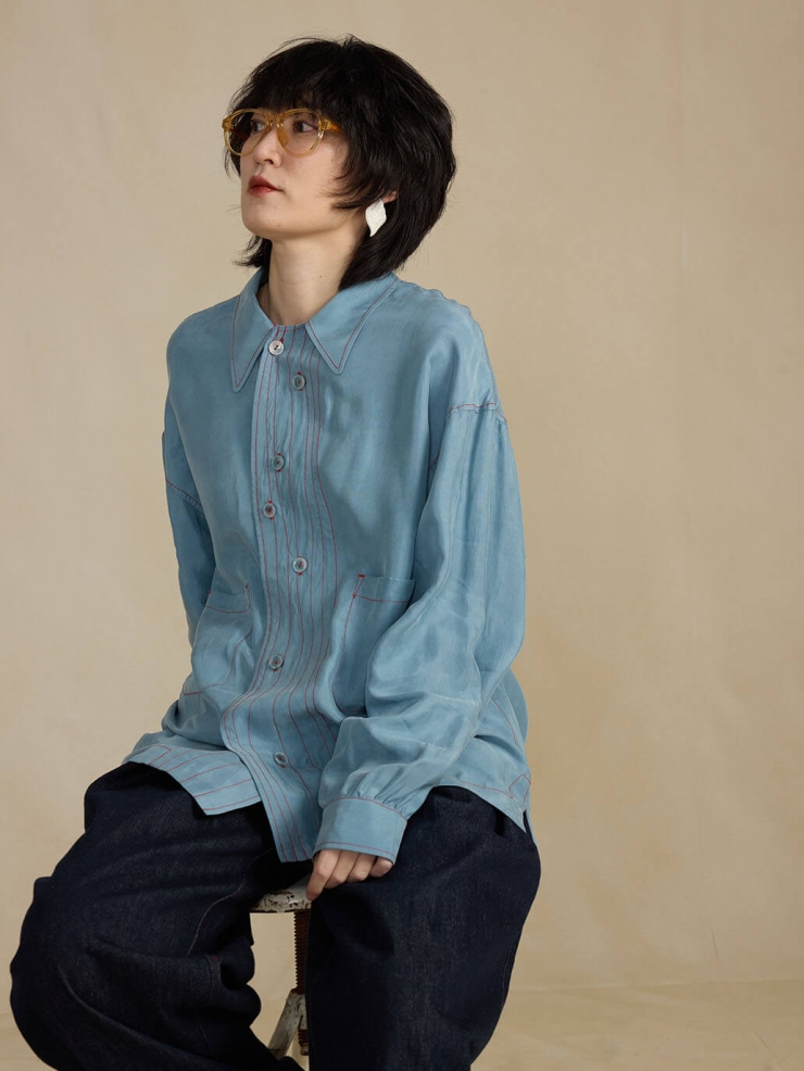 Blue Cupro Notched Collar Shirt