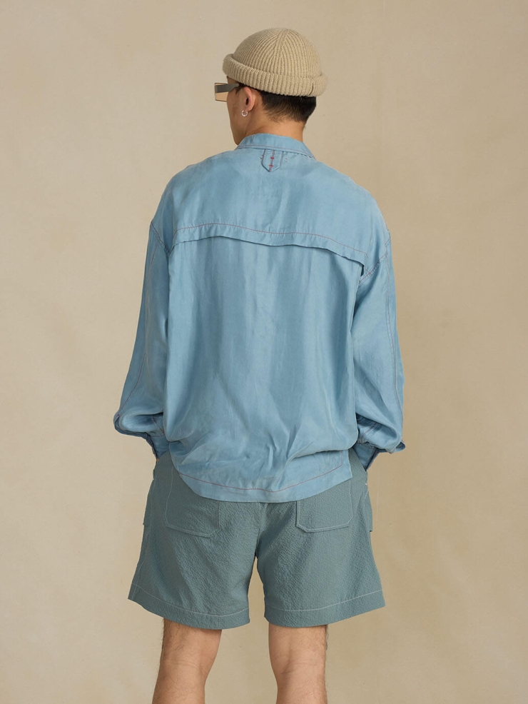Blue Cupro Notched Collar Shirt