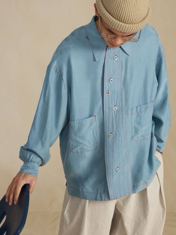 Blue Cupro Notched Collar Shirt