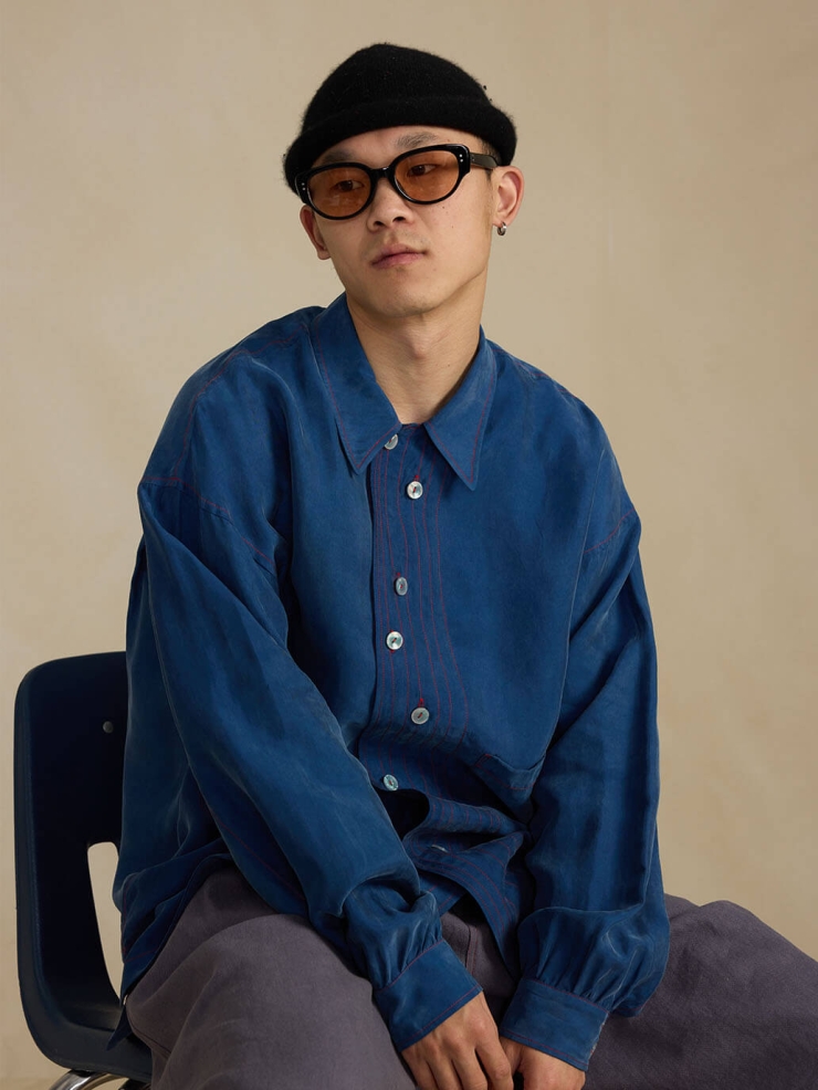 Navy Cupro Notched Collar Shirt