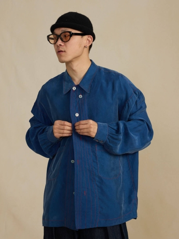 Navy Cupro Notched Collar Shirt