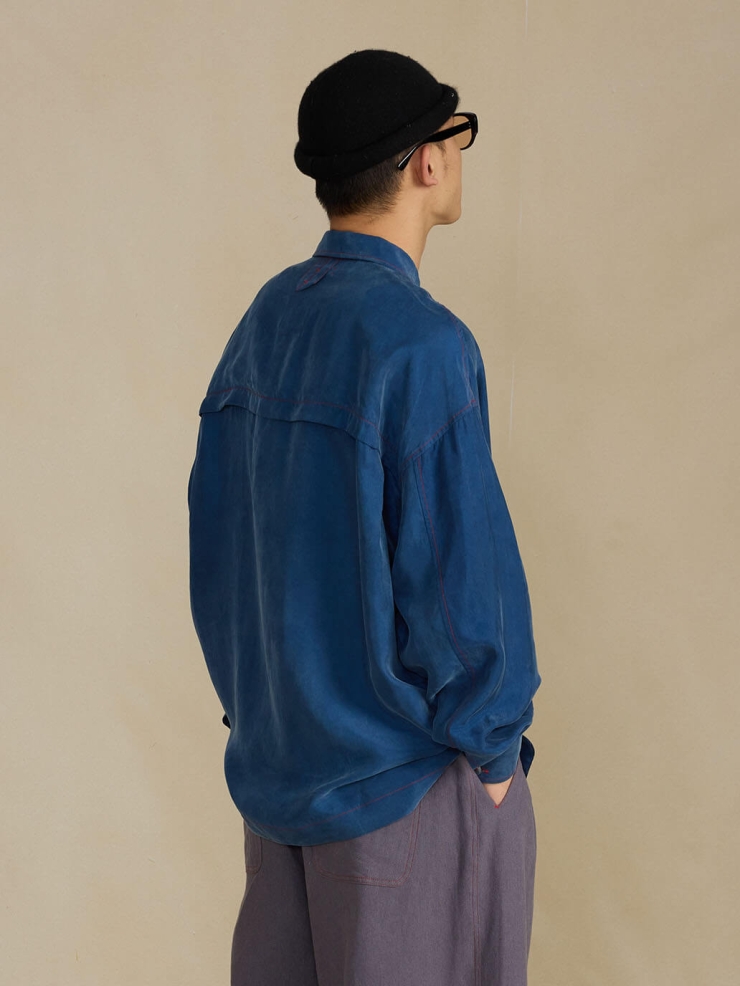 Navy Cupro Notched Collar Shirt