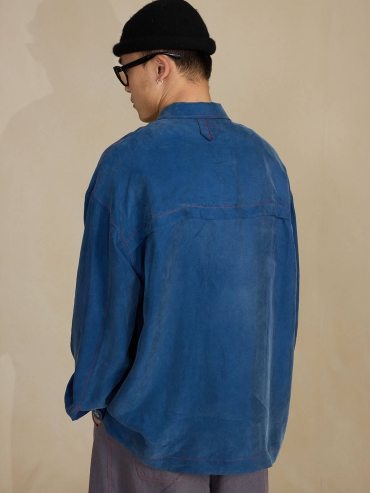 Navy Cupro Notched Collar Shirt