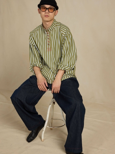 Green Stripes Raglan Sleeve Pullover Shirt