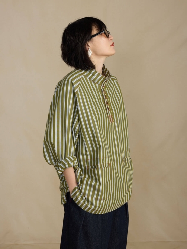 Green Stripes Raglan Sleeve Pullover Shirt