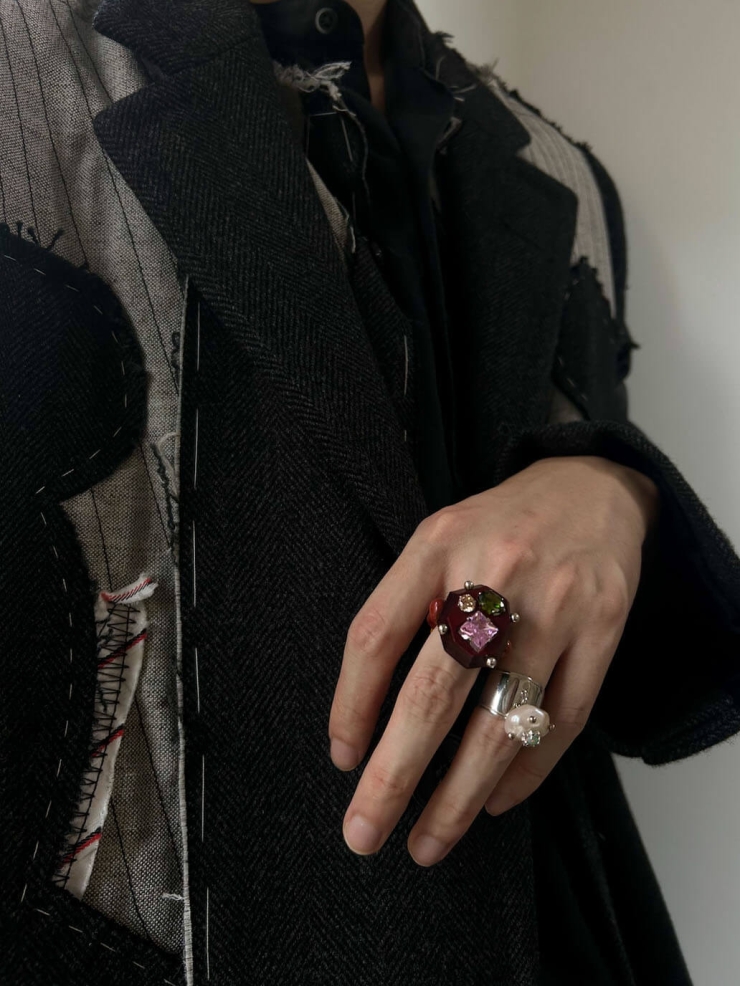 Red Handcrafted Faceted Leather Zircon & Silver Beaded Ring