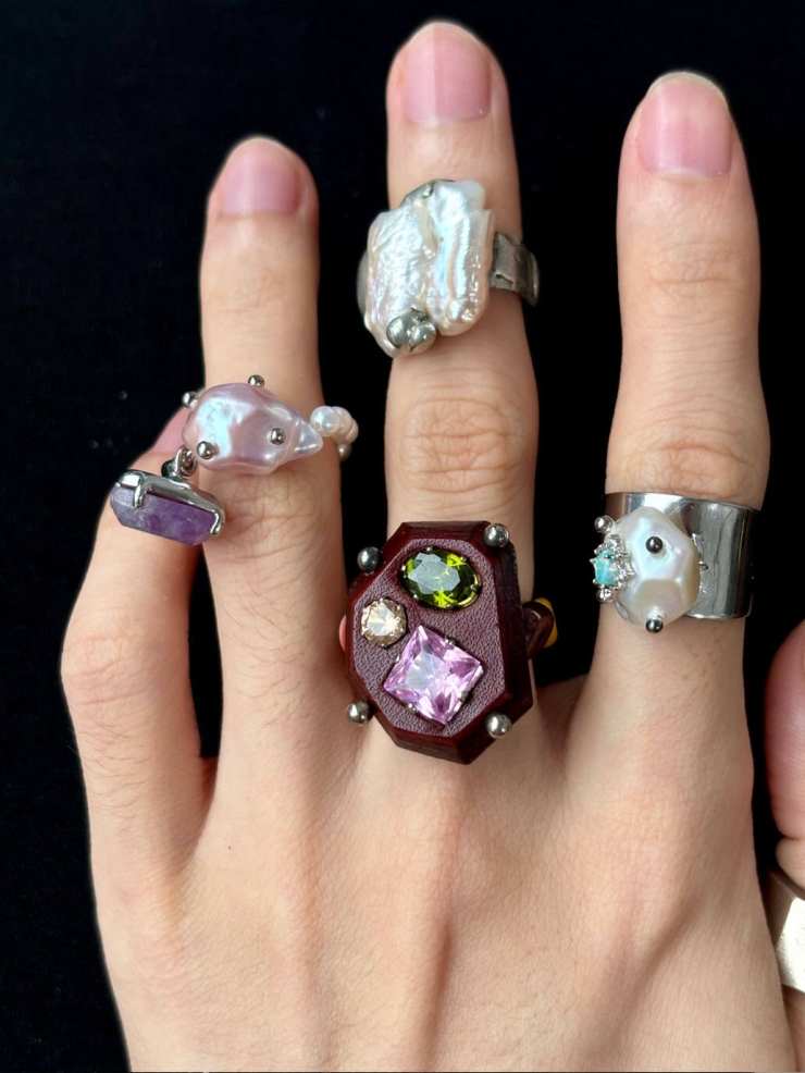 Red Handcrafted Faceted Leather Zircon & Silver Beaded Ring