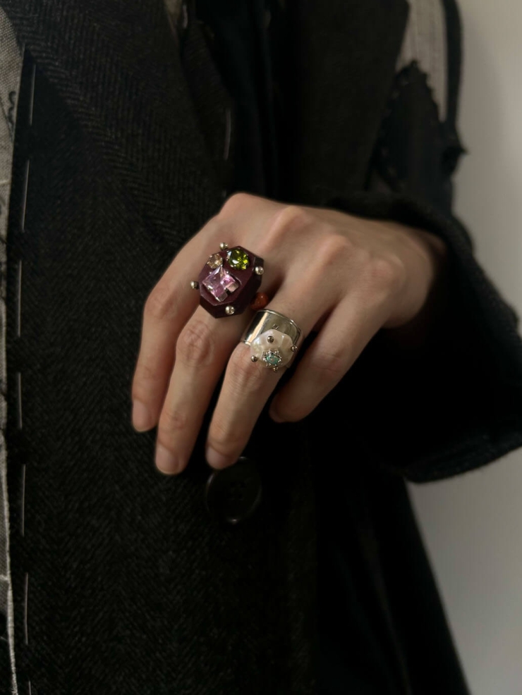 Red Handcrafted Faceted Leather Zircon & Silver Beaded Ring