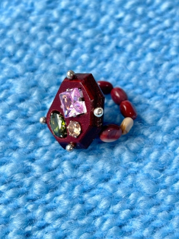 Red Handcrafted Faceted Leather Zircon & Silver Beaded Ring