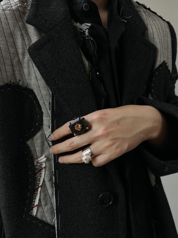 Black Handcrafted  Faceted Leather Zircon & Silver Bead Ring
