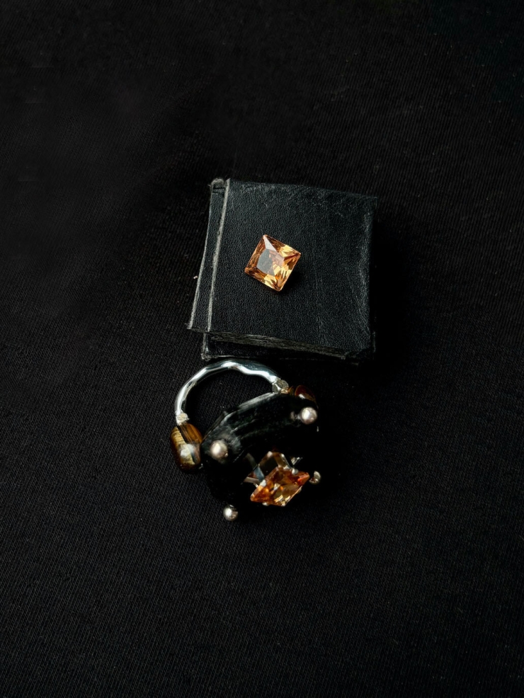 Black Handcrafted  Faceted Leather Zircon & Silver Bead Ring