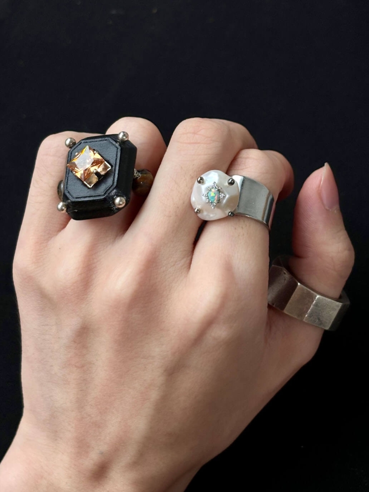 Black Handcrafted  Faceted Leather Zircon & Silver Bead Ring