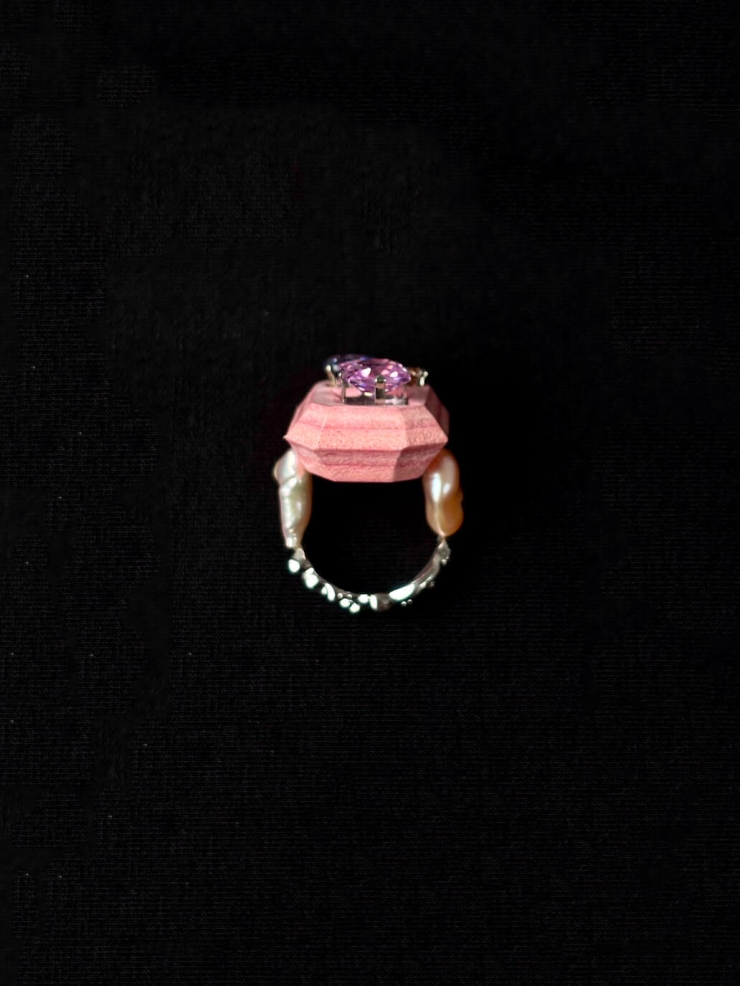 Pink Handcrafted Faceted Leather Zircon&Pearl Ring