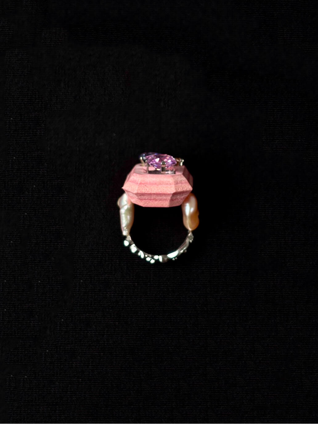 Pink Handcrafted Faceted Leather Zircon&Pearl Ring