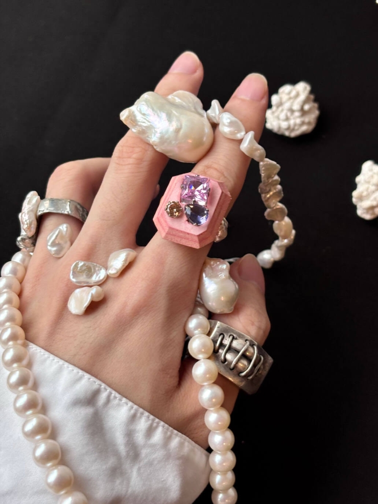 Pink Handcrafted Faceted Leather Zircon&Pearl Ring