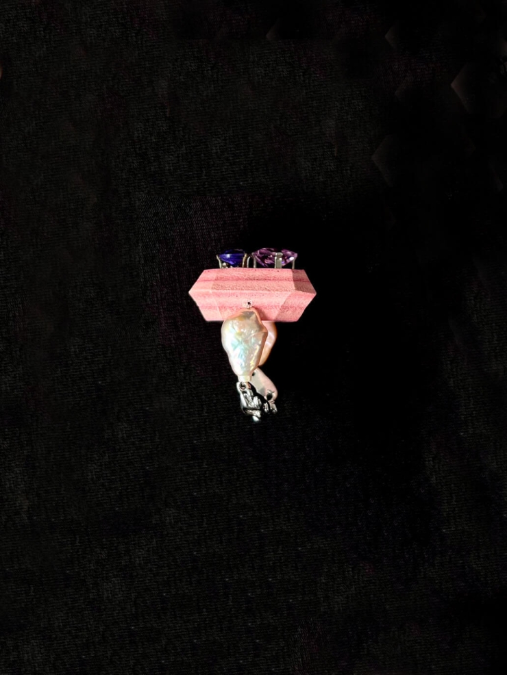 Pink Handcrafted Faceted Leather Zircon&Pearl Ring